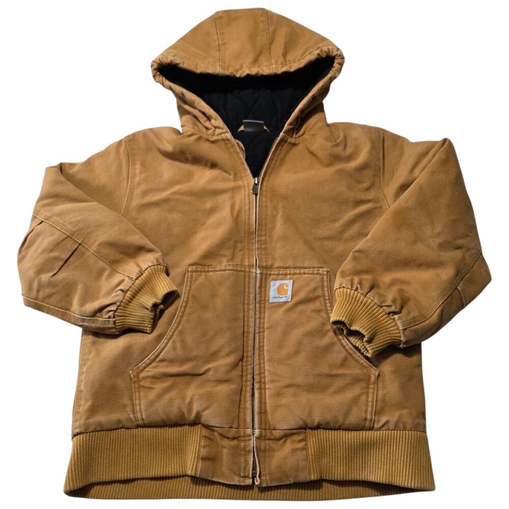 Carhartt Kids Active Jacket Brown Cotton Duck Quilted Lined Hooded M 10-12 Coat